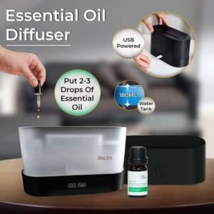 Flame Air Diffuser Noiseless Humidifier Comes with 6 Essential Oils (Black)